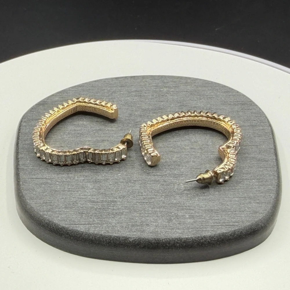 Gold Tone Crystal Baguette Heart Hoop Earrings Statement Romantic Gift for Her
